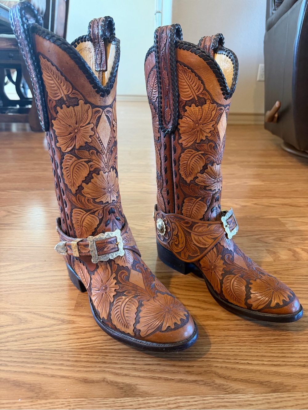 Falconhead Hand-tooled Floral Leather Cowboy Boots with Silver Buckles